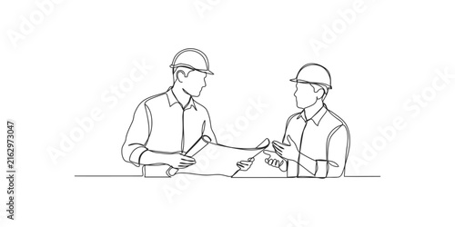 Continuous line drawing of two construction engineers wearing hard hats talking about a blueprint
