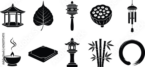 Foto Vector Zen and Buddhist spiritual icon set featuring pagoda bodhi leaf prayer wh