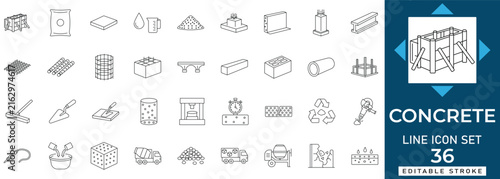 Foto Concrete and cement line icon set featuring mixer, rebar, foundation, mortar, and block