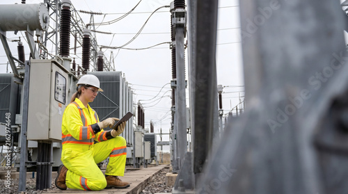 female electrical technician inspecting high voltage power substation woman engineer in safety gear industrial energy infrastructure documentary photo professional electrician off center with copy spa