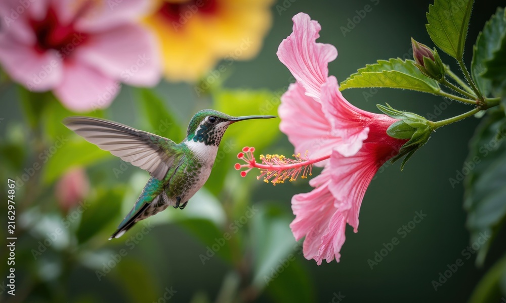 Naklejka premium Hummingbird in flight, feeding on pink hibiscus flower. Surrounded by vibrant flowers