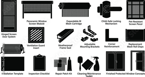 Window screen door hardware components silhouette set for home repair maintenance and professional installation services