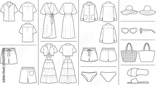 Women summer fashion technical drawings with dresses, shirts, shorts, swimwear, hats, bags, and accessories