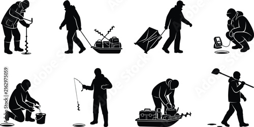 Winter ice fishing silhouette collection with people using augers pulling equipment and using fish finder technology