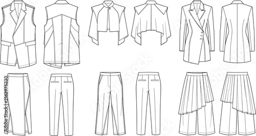 Women's avant garde fashion technical flat sketch collection of asymmetrical tailored blazers and trousers