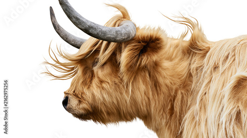 Fotografie Highland cow profile with long shaggy fur and curved horns