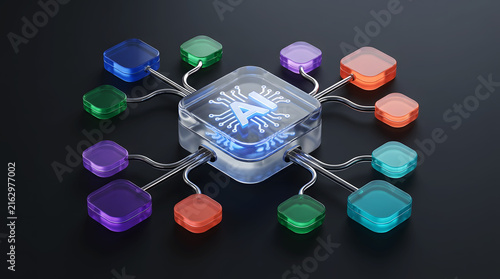 AI Artificial Intelligence Microchip Network Diagram with Multiple Connected Modules Concept
