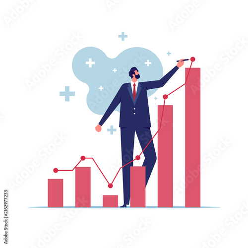 Obraz na płótnie Development, Stock market rising, positive growing concept. Positive confident businessman development arrow meaning success in business