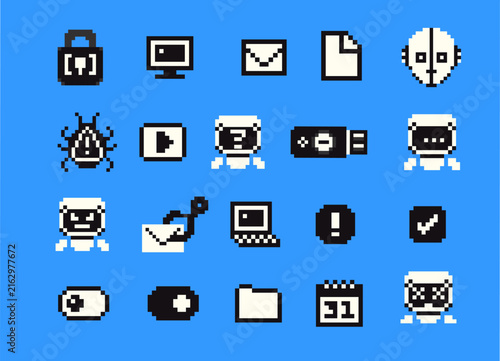 Cybersecurity pixel icon collection in minimalist vector style. Digital security, computer, robot, communication and system interface symbols. Modern 8 bit technology aesthetic