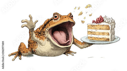 Title: Cute Cartoon Toad Screaming With Birthday Cake Party Celebration Greeting Card Isolated on White Background