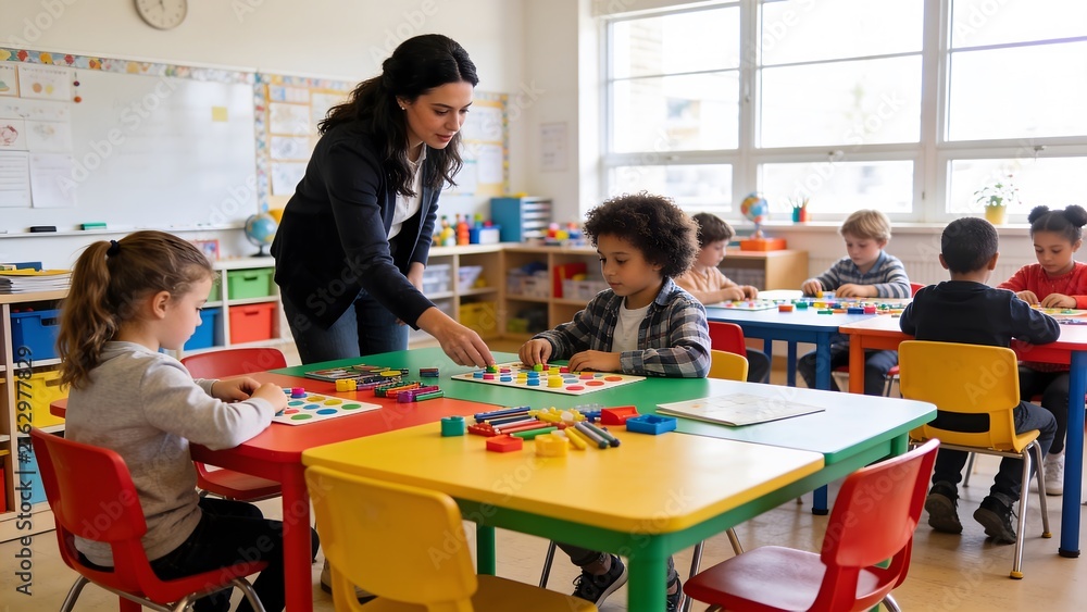 Fototapeta premium Teacher and children learning in a bright classroom