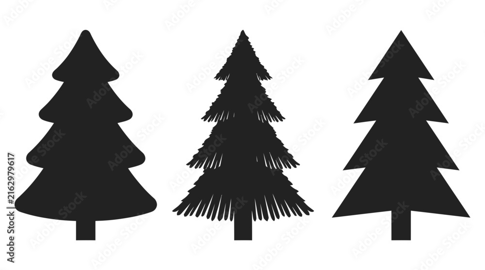 Obraz premium Set of three different stylized black evergreen tree silhouettes isolated on white background.