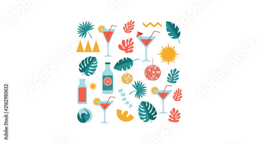 Vibrant Summer Party and Tropical Cocktail Icons