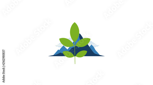 Minimalist Green Leaf and Blue Mountain Logo