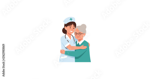 Nurse Hugging Elderly Woman Illustration