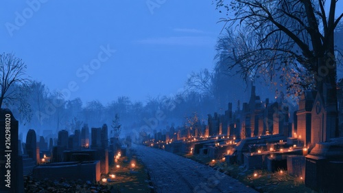 All Saints' Day Candlelight in European Cemetery at Dusk, Memorial Candles and Autumn Atmosphere