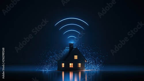 Glowing digital house with Wi-Fi signal emanating from chimney