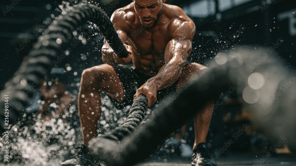Fototapeta premium Hyrox athlete explosive battle-rope exercise inside.