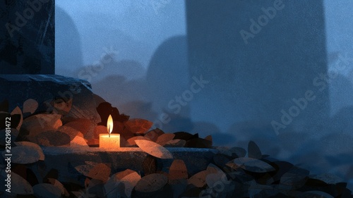 Memorial Candle Glowing at Dusk in Autumn Cemetery, All Saints' Day Remembrance Illustration