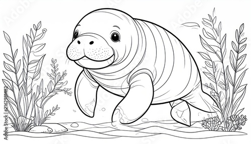 Manatee swimming through underwater seaweed line art coloring page.