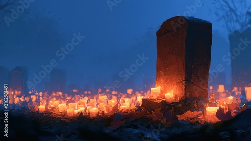 All Saints' Day Cemetery Scene with Glowing Candles at Dusk, Autumn Remembrance in Blue Hour