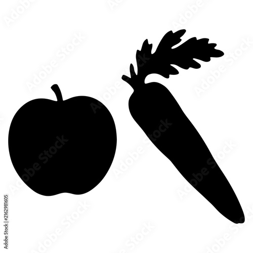 Foto Black silhouette of an apple and a carrot on a white background