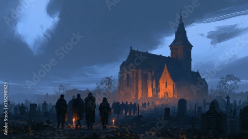All Saints' Day Candlelight Procession in Autumn Cemetery at Dusk, Warm Church in Blue Hour Sky