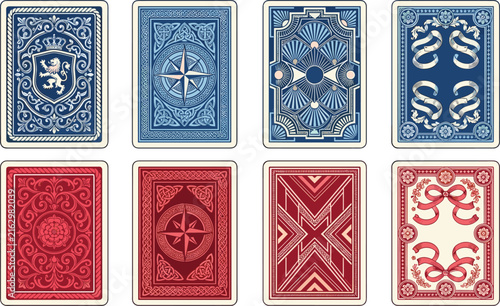 Vintage Blue and Red Playing Card Backs Vector Set Featuring Heraldic Lion Crest Compass Rose Ribbon and Geometric Art Deco Patterns