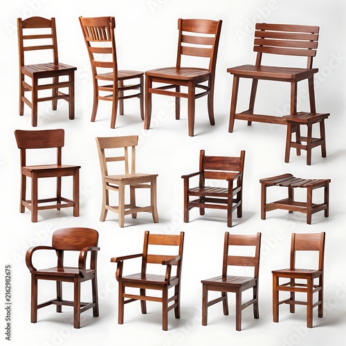 Collection of diverse wooden chairs with interior design home decor wooden furniture dining chairs accent chairs white background household items living space furniture store
