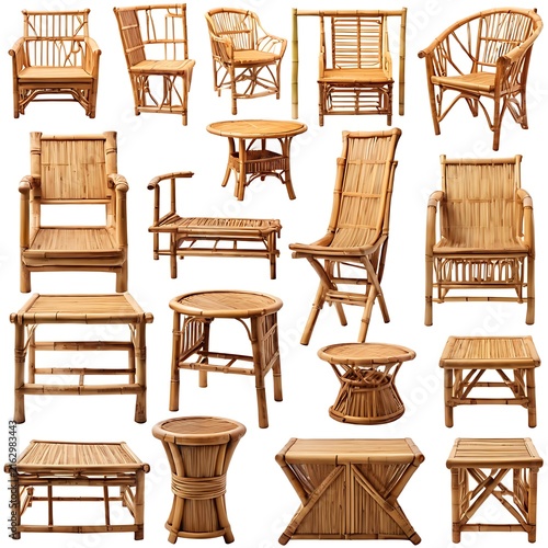 Diverse collection of natural bamboo furniture including chairs tables stools showcasing various designs and textures isolated on a pure white background for home decor or lifestyle