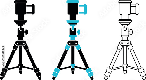 Camera tripod icons in black blue and outline styles on white background for photography concepts