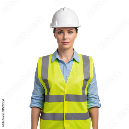 Woman wearing safety helmet and reflective vest isolated on white background
