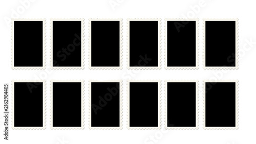 Postage Stamps Set with Black Square Centers, Vintage Postage Design. Postage Stamp Collection, Postal Stationery, Blank Label Template.