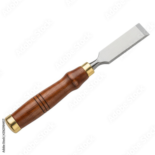 Wooden carving gouge tool with brass ferrule isolated on white background