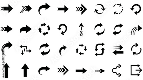 Arrow Icons Set with Various Directions, Rotation, and Looping Symbols. Vector Graphics for Navigation, Progress, and Circular Processes.