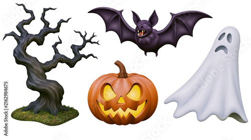 Photography Spooky Halloween elements gnarled tree jack-o-lantern bat, and ghost