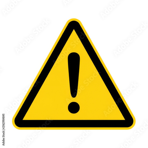 Yellow triangular warning exclamation sign isolated on white background