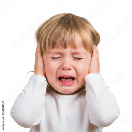 Young child crying with sad expression isolated on white background