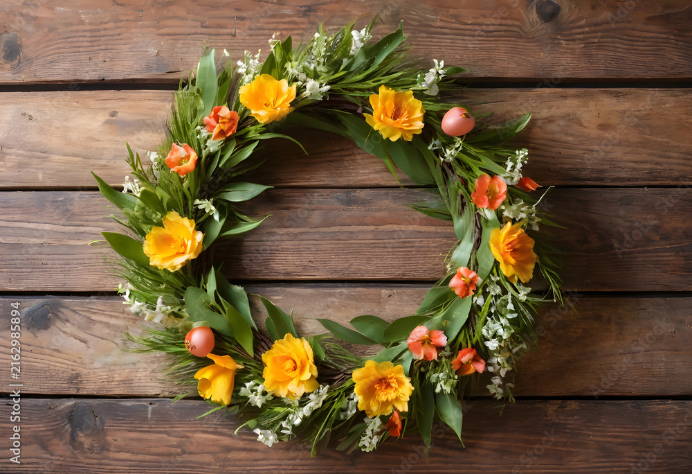 Fototapeta premium Spring floral wreath with yellow and orange flowers, easter and seasonal decoration on rustic wooden background