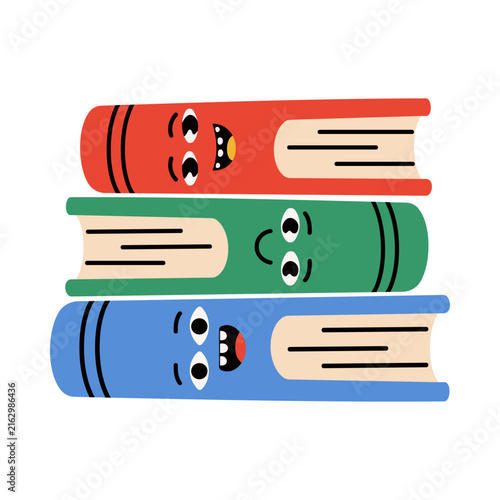 Groovy cartoon book stack with funny faces. Cute hand drawn design element, trendy vector illustration