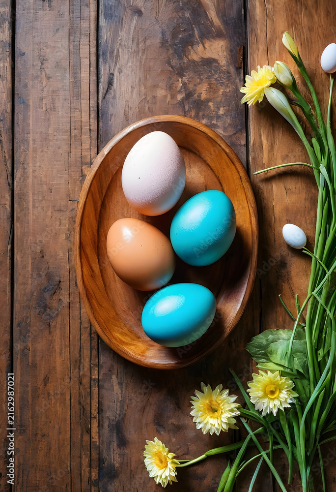 Fototapeta premium Easter celebration and spring holiday concept, colorful dyed eggs in a wooden bowl with fresh flowers on rustic wood background