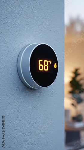 Smart home thermostat display changing temperature from 72 to 68 degrees Fahrenheit