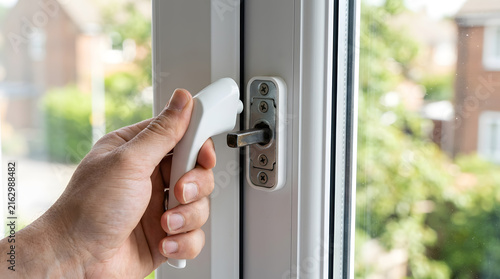 Hand Removing Broken White PVC Window Handle from Frame for Replacement | Replacing Damaged Plastic Window Handle Mechanism on Double Glazed Frame | Person Removing Locking Handle Spindle from White 