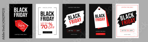 Set of five modern Black Friday vertical sale banners with bold typography, red discount tags and minimal black and white layouts for social media promotion.
