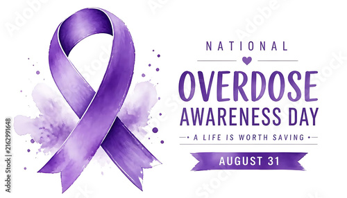 National Overdose Awareness Day poster with purple ribbon and watercolor design for August 31 event