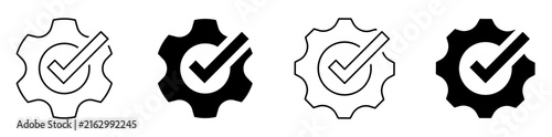 Gear with check mark icon set. System setup completed, process optimization, quality control and option confirmed outline solid vector symbols.