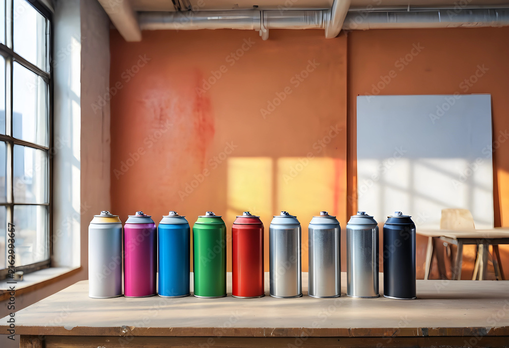 Fototapeta premium Art and creativity concept, colorful spray paint cans in a row on a wooden table in an artists studio with natural light