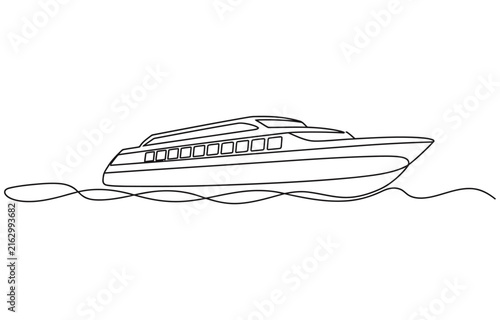 Tour boat in continuous line art drawing style. 
