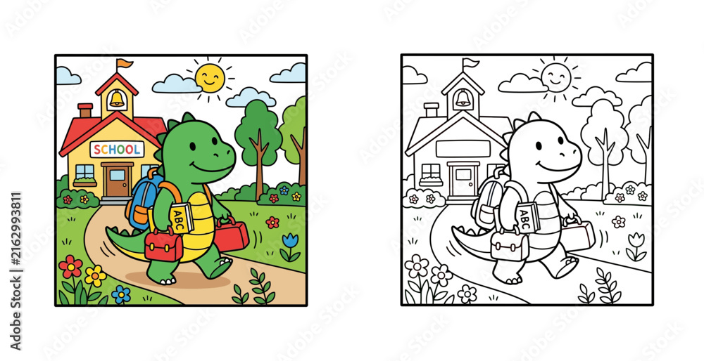 Fototapeta premium Cute Cartoon Dinosaur Student Walking to School Coloring Page and Color Vector Illustration Set for Kids Back to School Activities