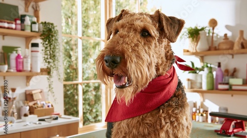 Happy brown terrier wearing bright red bandana standing in bright sunlit indoor room
